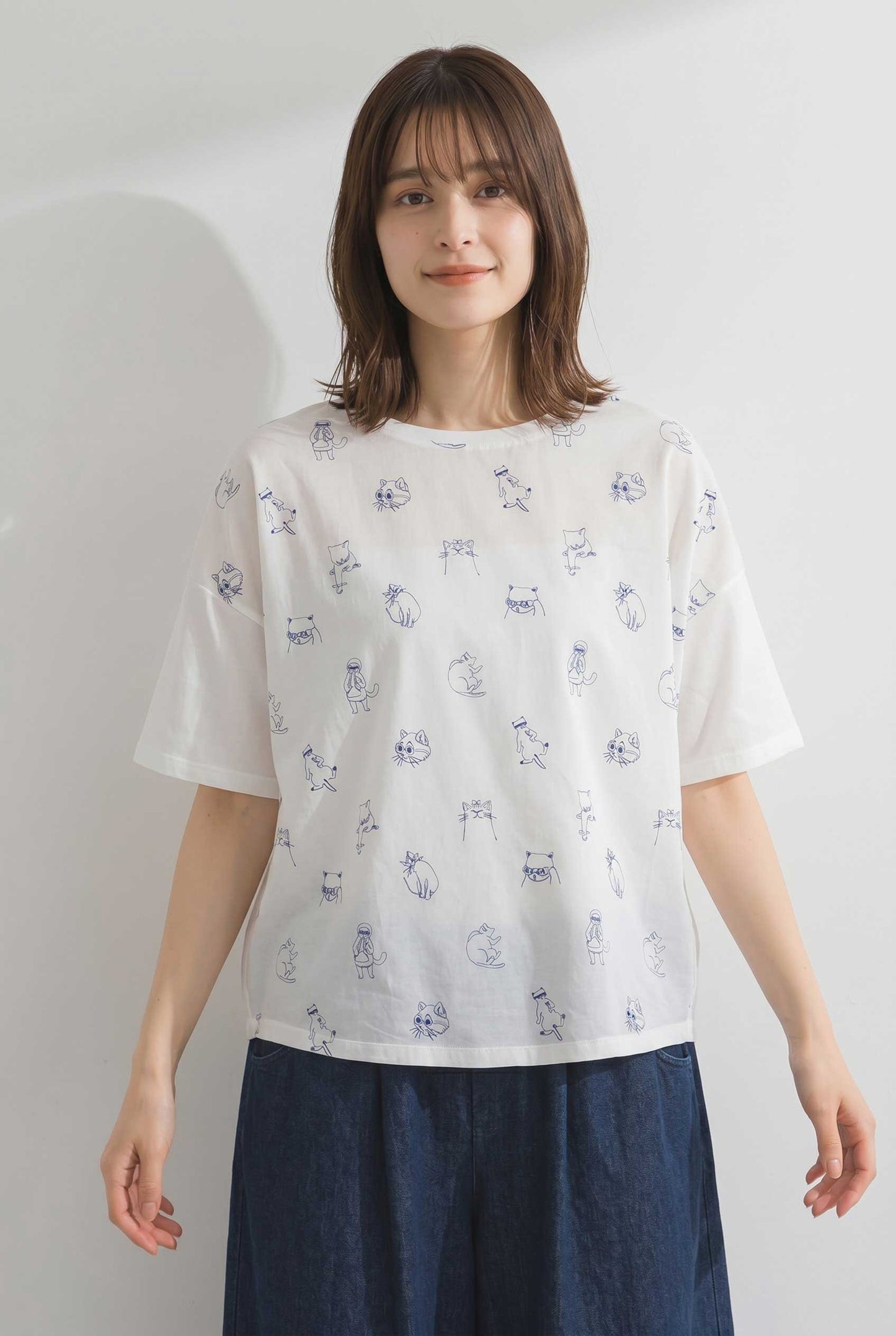 総刺繍 TC天竺 猫柄 コンパクトサイズ Tシャツ 半袖 前後差丈 綿100% フリー