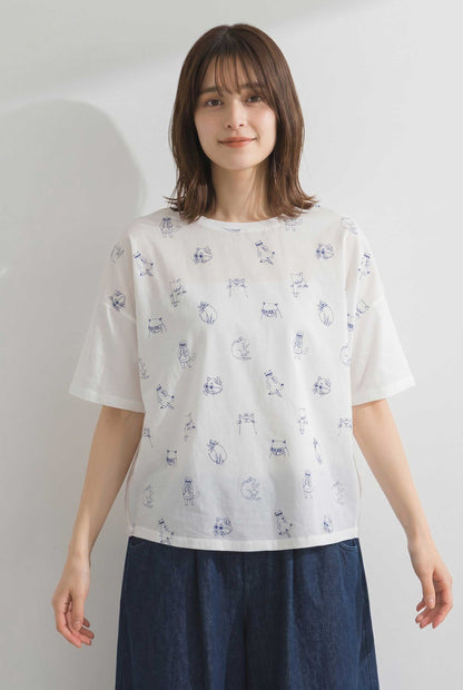 総刺繍 TC天竺 猫柄 コンパクトサイズ Tシャツ 半袖 前後差丈 綿100% フリー