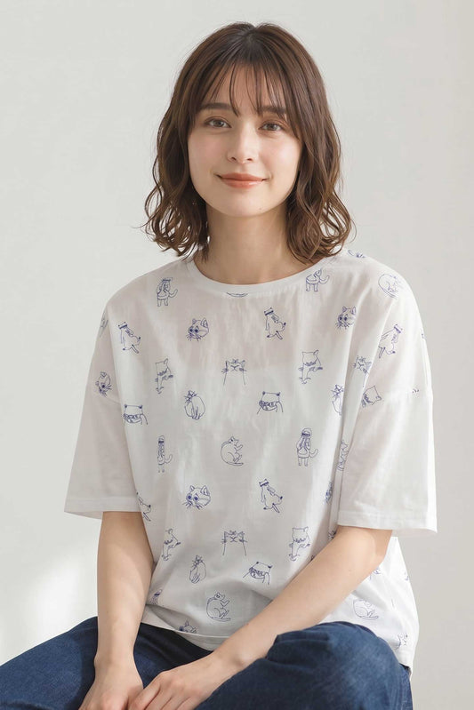 総刺繍 TC天竺 猫柄 コンパクトサイズ Tシャツ 半袖 前後差丈 綿100% フリー