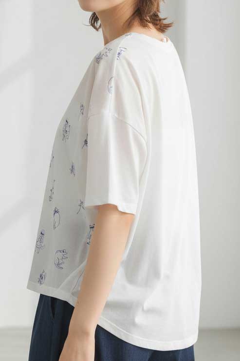 総刺繍 TC天竺 猫柄 コンパクトサイズ Tシャツ 半袖 前後差丈 綿100% フリー