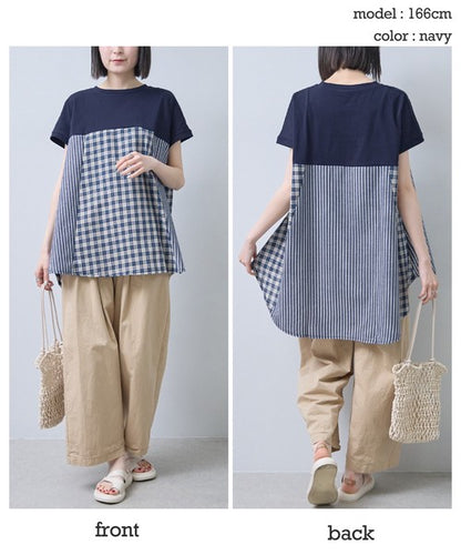 チェック ストライプ 異素材 切替 チュニック Tシャツ 半袖 ゆったり 体型カバー F