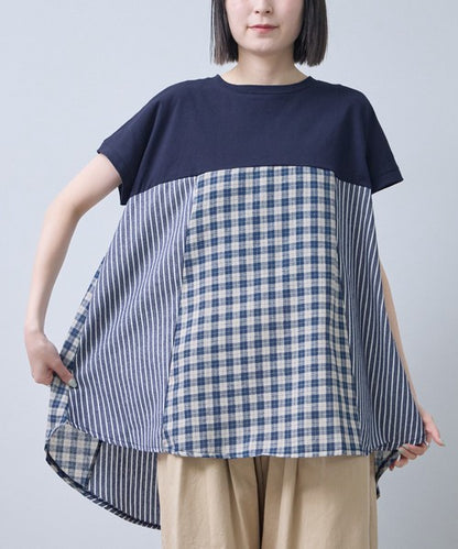 チェック ストライプ 異素材 切替 チュニック Tシャツ 半袖 ゆったり 体型カバー F