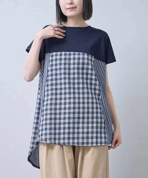 チェック ストライプ 異素材 切替 チュニック Tシャツ 半袖 ゆったり 体型カバー F