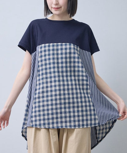 チェック ストライプ 異素材 切替 チュニック Tシャツ 半袖 ゆったり 体型カバー F