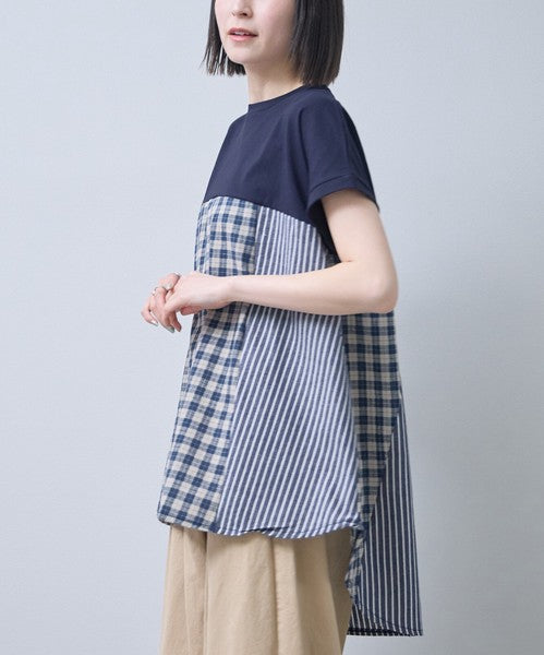 チェック ストライプ 異素材 切替 チュニック Tシャツ 半袖 ゆったり 体型カバー F