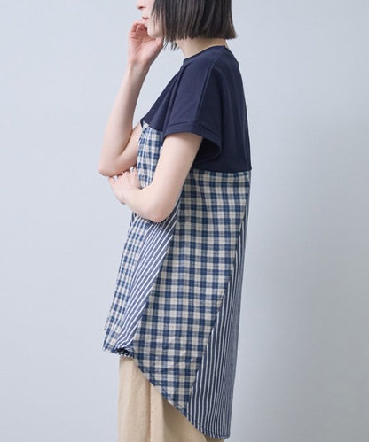 チェック ストライプ 異素材 切替 チュニック Tシャツ 半袖 ゆったり 体型カバー F
