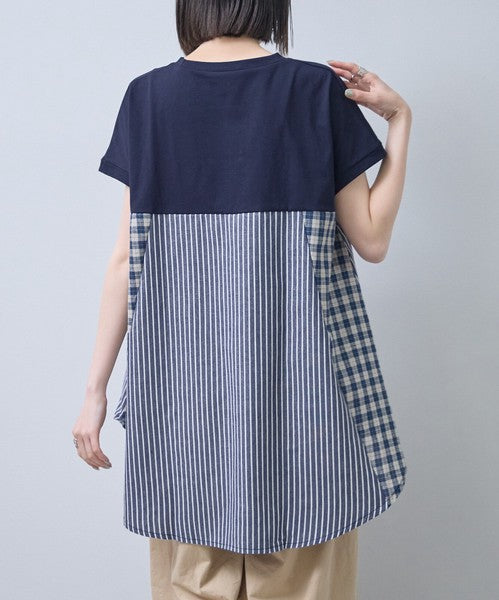 チェック ストライプ 異素材 切替 チュニック Tシャツ 半袖 ゆったり 体型カバー F