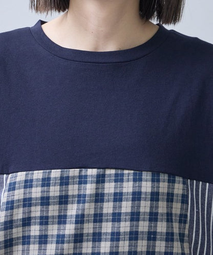 チェック ストライプ 異素材 切替 チュニック Tシャツ 半袖 ゆったり 体型カバー F