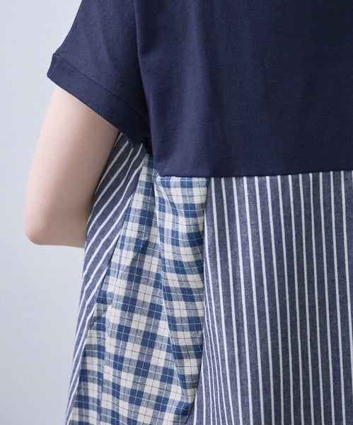チェック ストライプ 異素材 切替 チュニック Tシャツ 半袖 ゆったり 体型カバー F