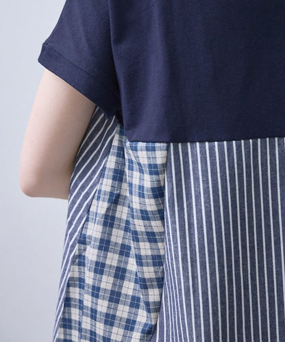 チェック ストライプ 異素材 切替 チュニック Tシャツ 半袖 ゆったり 体型カバー F