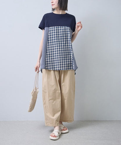 チェック ストライプ 異素材 切替 チュニック Tシャツ 半袖 ゆったり 体型カバー F