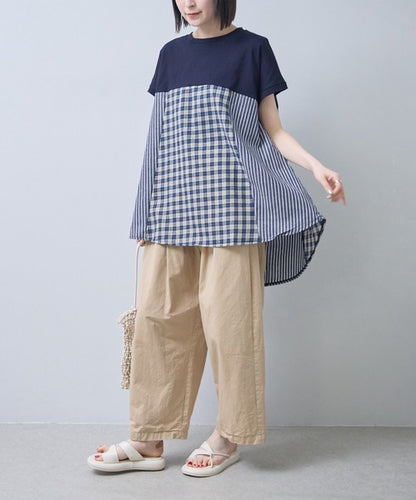 チェック ストライプ 異素材 切替 チュニック Tシャツ 半袖 ゆったり 体型カバー F