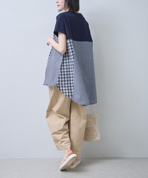 チェック ストライプ 異素材 切替 チュニック Tシャツ 半袖 ゆったり 体型カバー F