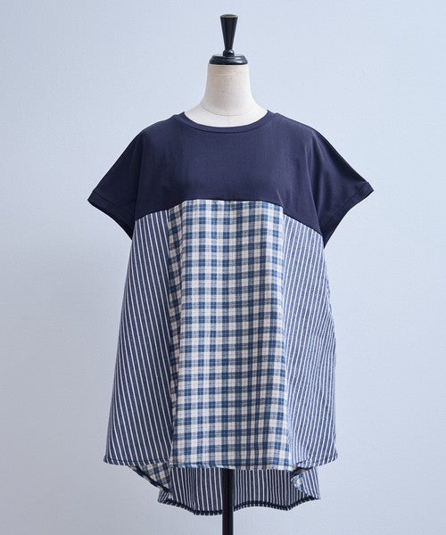 チェック ストライプ 異素材 切替 チュニック Tシャツ 半袖 ゆったり 体型カバー F