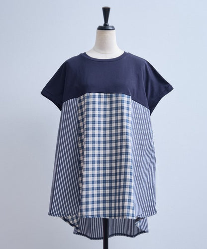 チェック ストライプ 異素材 切替 チュニック Tシャツ 半袖 ゆったり 体型カバー F