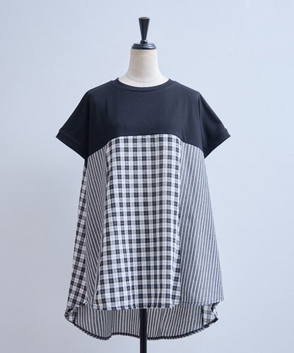 チェック ストライプ 異素材 切替 チュニック Tシャツ 半袖 ゆったり 体型カバー F