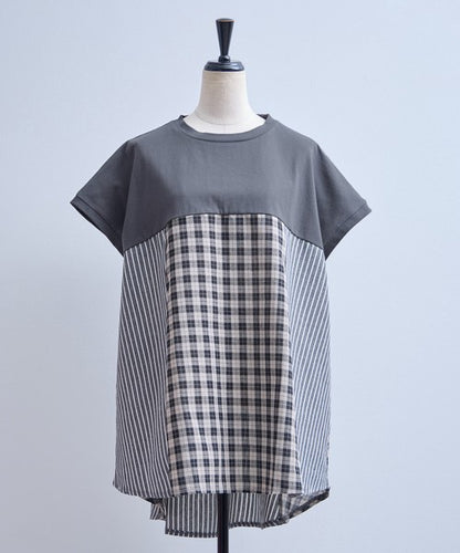チェック ストライプ 異素材 切替 チュニック Tシャツ 半袖 ゆったり 体型カバー F