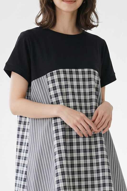 チェック ストライプ 異素材 切替 チュニック Tシャツ 半袖 ゆったり 体型カバー F