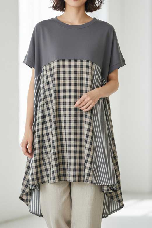 チェック ストライプ 異素材 切替 チュニック Tシャツ 半袖 ゆったり 体型カバー F