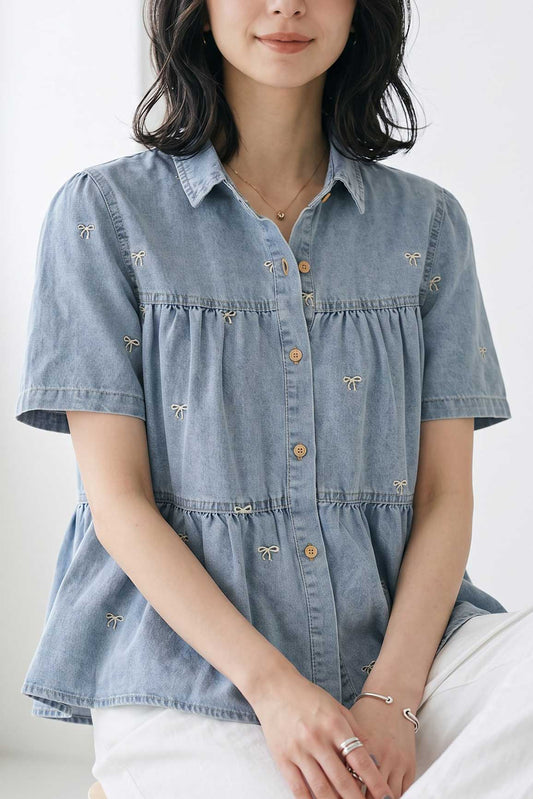 リボン柄 刺繍 半袖 デニム ジャケット 羽織り ゆったり 体型カバー M-L