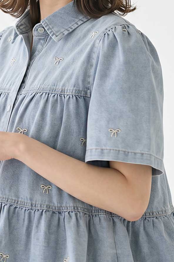 リボン柄 刺繍 半袖 デニム ジャケット 羽織り ゆったり 体型カバー