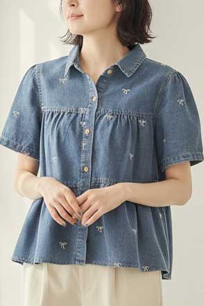 リボン柄 刺繍 半袖 デニム ジャケット 羽織り ゆったり 体型カバー M-L