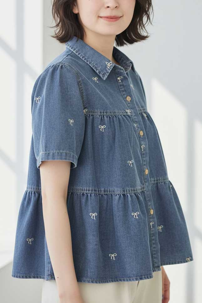 リボン柄 刺繍 半袖 デニム ジャケット 羽織り ゆったり 体型カバー M-L