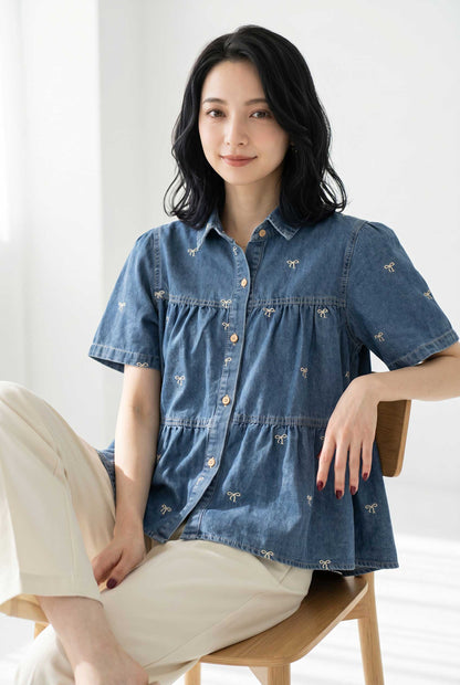 リボン柄 刺繍 半袖 デニム ジャケット 羽織り ゆったり 体型カバー M-L