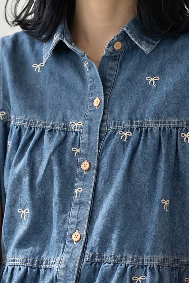 リボン柄 刺繍 半袖 デニム ジャケット 羽織り ゆったり 体型カバー M-L