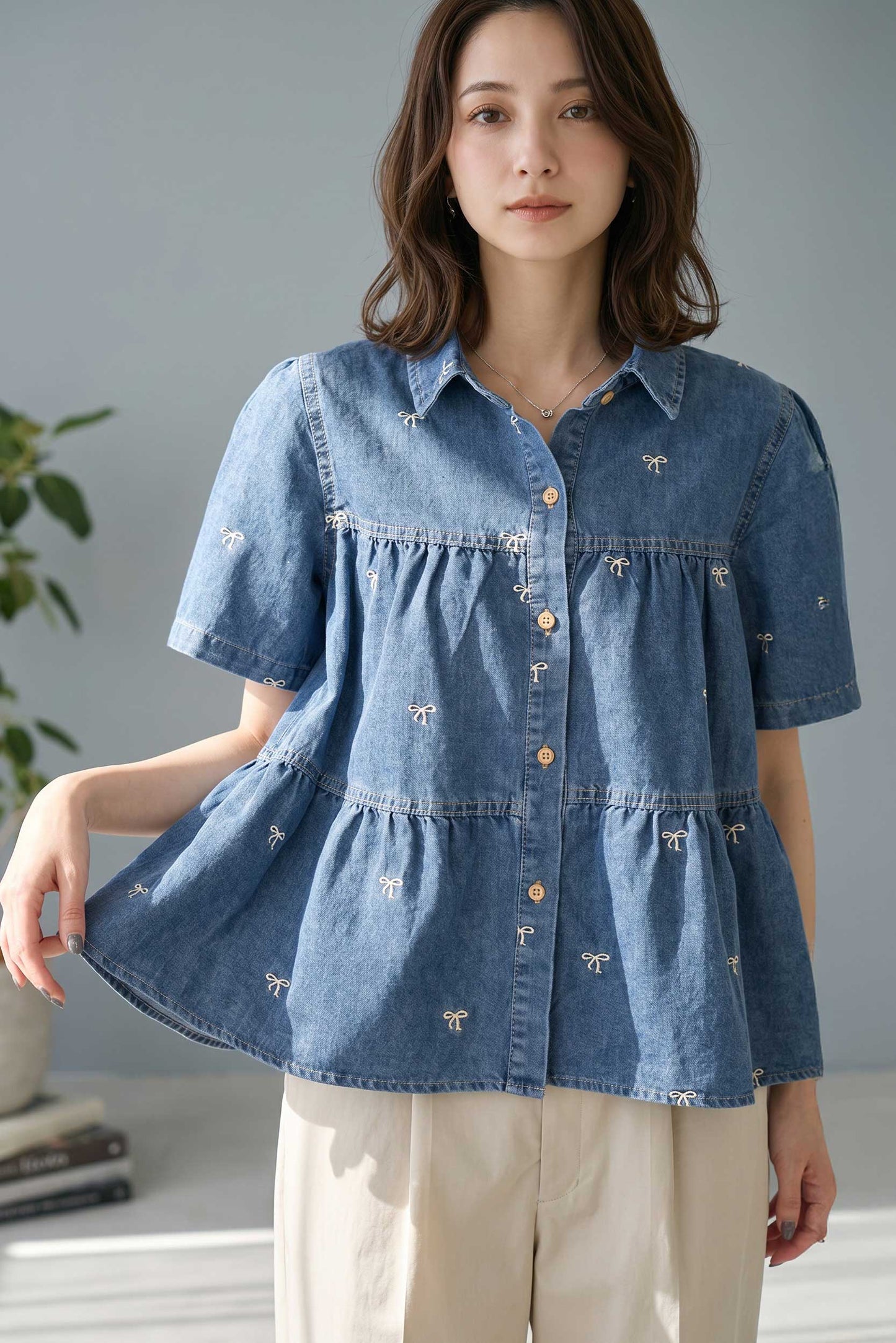 リボン柄 刺繍 半袖 デニム ジャケット 羽織り ゆったり 体型カバー M-L