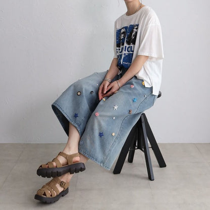 ボタンモチーフ デニム ハーフパンツ クロップド ワイド ゆったり 体型カバー 大人可愛い 春夏