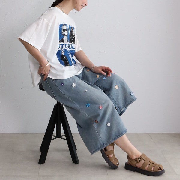 ボタンモチーフ デニム ハーフパンツ クロップド ワイド ゆったり 体型カバー 大人可愛い 春夏