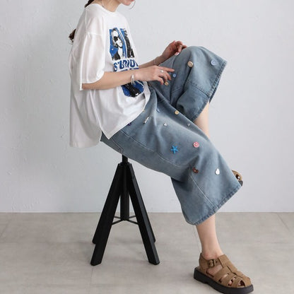 ボタンモチーフ デニム ハーフパンツ クロップド ワイド ゆったり 体型カバー 大人可愛い 春夏