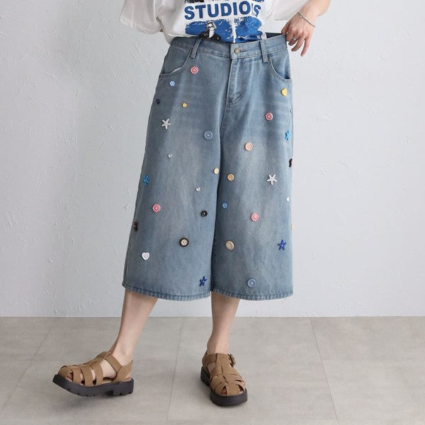 ボタンモチーフ デニム ハーフパンツ クロップド ワイド ゆったり 体型カバー 大人可愛い 春夏
