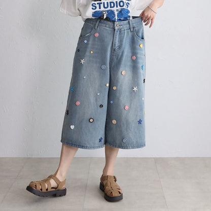 ボタンモチーフ デニム ハーフパンツ クロップド ワイド ゆったり 体型カバー 大人可愛い 春夏