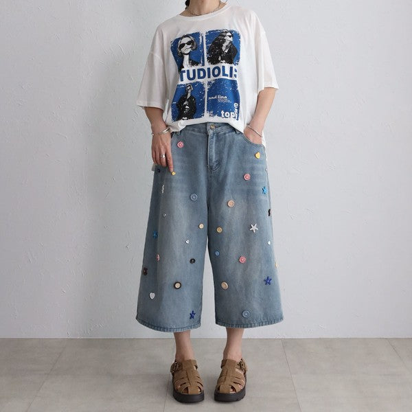 ボタンモチーフ デニム ハーフパンツ クロップド ワイド ゆったり 体型カバー 大人可愛い 春夏