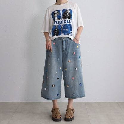 ボタンモチーフ デニム ハーフパンツ クロップド ワイド ゆったり 体型カバー 大人可愛い 春夏