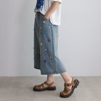 ボタンモチーフ デニム ハーフパンツ クロップド ワイド ゆったり 体型カバー 大人可愛い 春夏