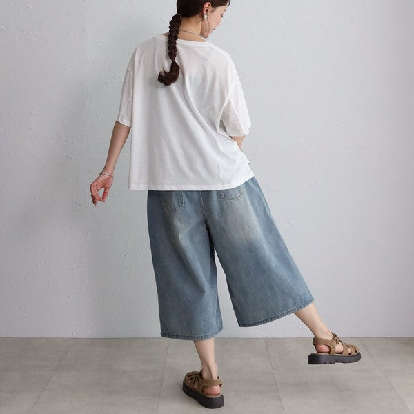 ボタンモチーフ デニム ハーフパンツ クロップド ワイド ゆったり 体型カバー 大人可愛い 春夏