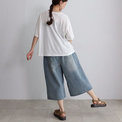 ボタンモチーフ デニム ハーフパンツ クロップド ワイド ゆったり 体型カバー 大人可愛い 春夏