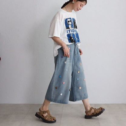 ボタンモチーフ デニム ハーフパンツ クロップド ワイド ゆったり 体型カバー 大人可愛い 春夏