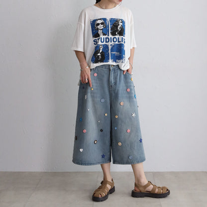 ボタンモチーフ デニム ハーフパンツ クロップド ワイド ゆったり 体型カバー 大人可愛い 春夏
