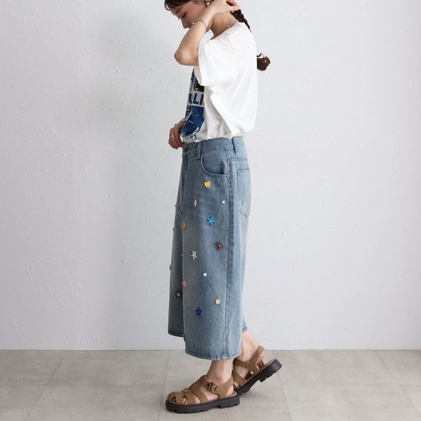 ボタンモチーフ デニム ハーフパンツ クロップド ワイド ゆったり 体型カバー 大人可愛い 春夏