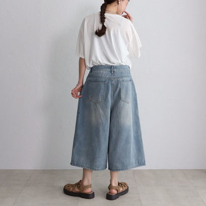 ボタンモチーフ デニム ハーフパンツ クロップド ワイド ゆったり 体型カバー 大人可愛い 春夏