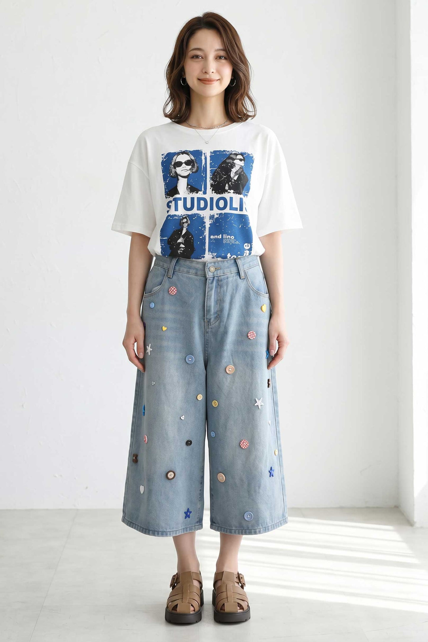 ボタンモチーフ デニム ハーフパンツ クロップド ワイド ゆったり 体型カバー 大人可愛い 春夏