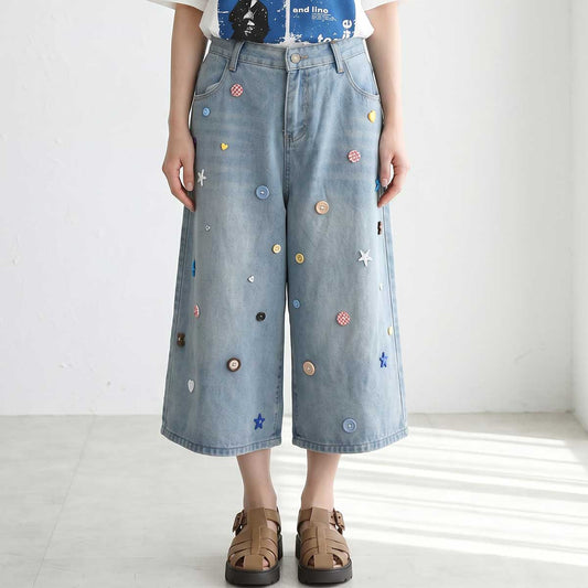 ボタンモチーフ デニム ハーフパンツ クロップド ワイド ゆったり 体型カバー 大人可愛い 春夏