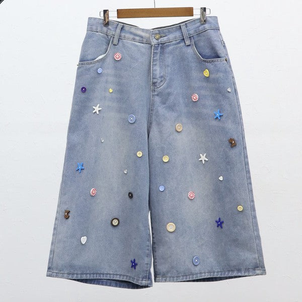 ボタンモチーフ デニム ハーフパンツ クロップド ワイド ゆったり 体型カバー 大人可愛い 春夏