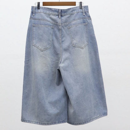 ボタンモチーフ デニム ハーフパンツ クロップド ワイド ゆったり 体型カバー 大人可愛い 春夏