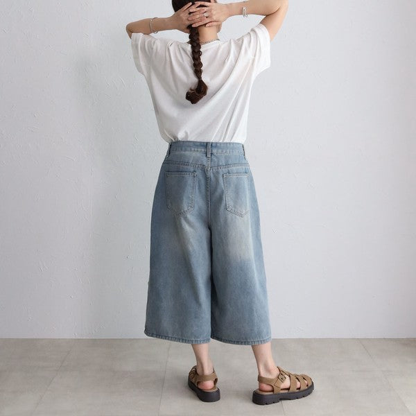 ボタンモチーフ デニム ハーフパンツ クロップド ワイド ゆったり 体型カバー 大人可愛い 春夏