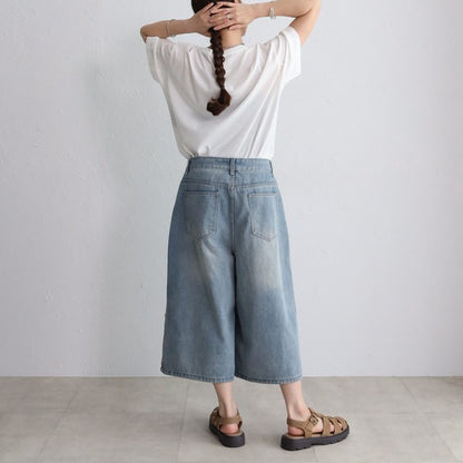 ボタンモチーフ デニム ハーフパンツ クロップド ワイド ゆったり 体型カバー 大人可愛い 春夏